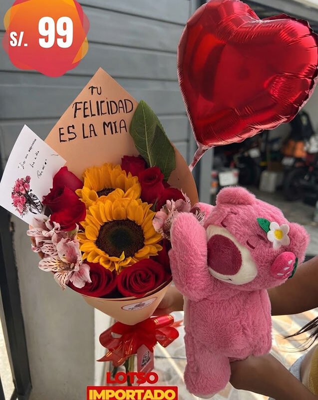 ramo de rosas con girasoles y peluche lotso