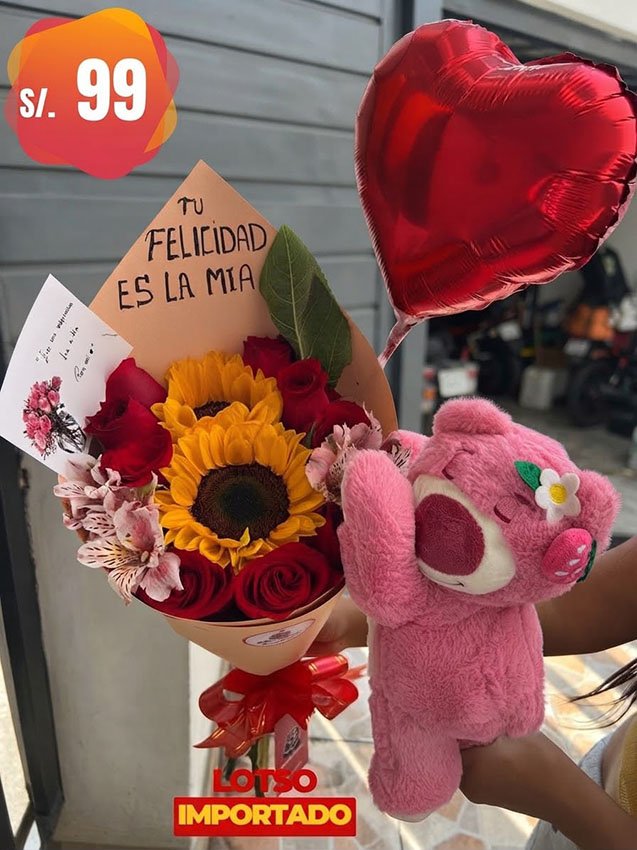 ramo de rosas con girasoles y peluche lotso
